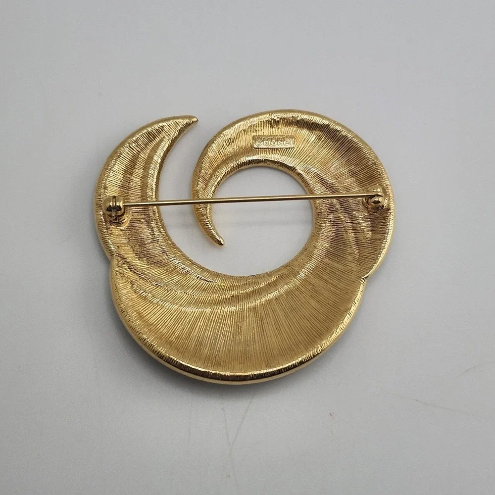 Monet Vintage Abstract Pin Brooch Black‎ Enamel Gold Chunky Signed 1980s Vintage